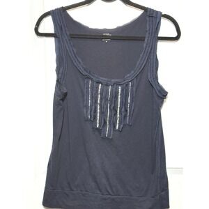 Ann Taylor Loft Navy Blue Sleeveless Tank Top Fringe Embellishment Medium M